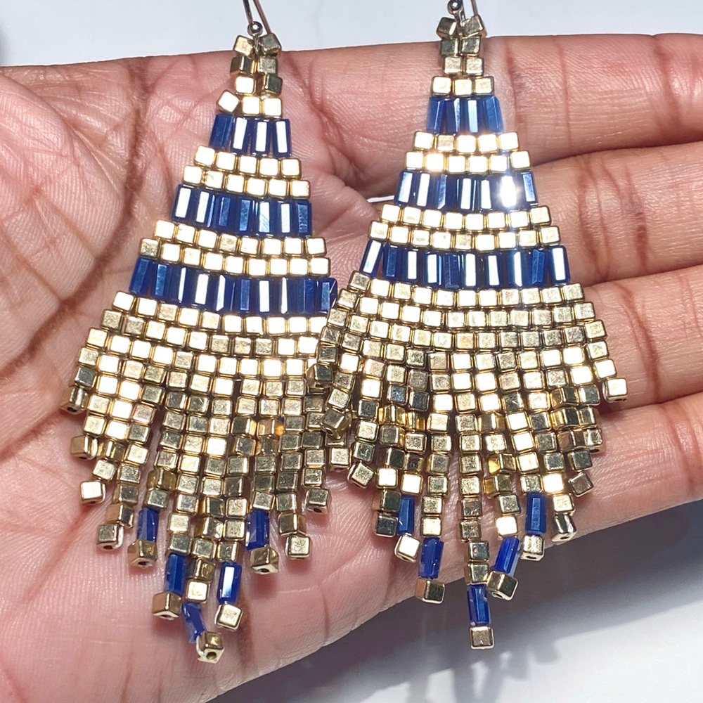New Iridescent Navy Blue & Metallic Gold Beaded Fringe Earrings, Boho Style - Picture 8 of 14